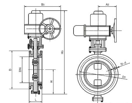 船用雙偏心型電動(dòng)帶手動(dòng)操作蝶閥結(jié)構(gòu)圖